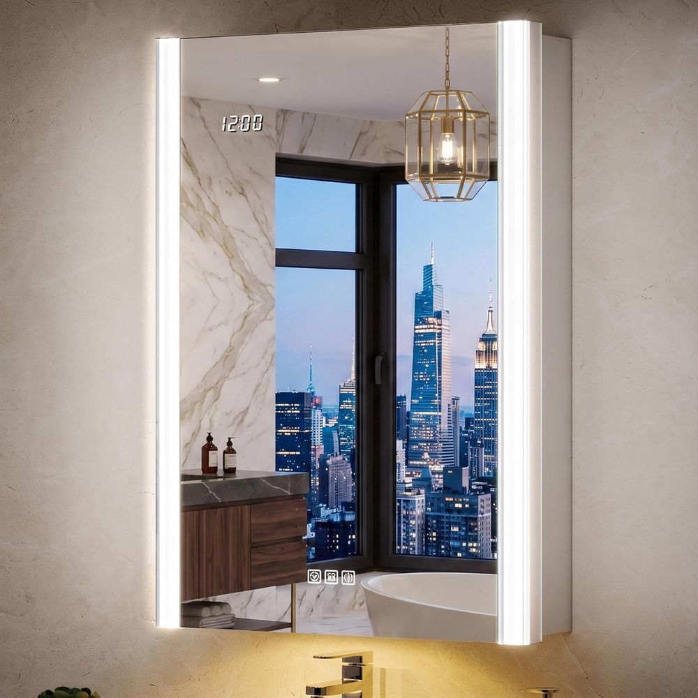 Smart Home Living - กระจกตู้ยาแบบมีไฟขนาด 20x32 นิ้ว พร้อมไฟและโคมไฟกลางคืนอัจฉริยะ - กระจกตู้ยาแบบติดผนังหรือแบบฝังผนังพร้อมปลั๊กไฟและนาฬิกา
